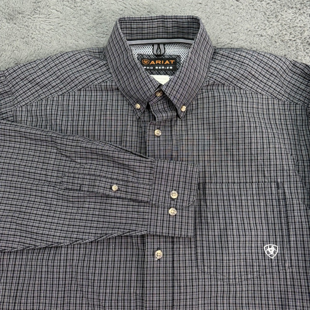 Ariat Pro Series Ned Perf LS Shirt Mens L Black White Plaid Button Down 10014461